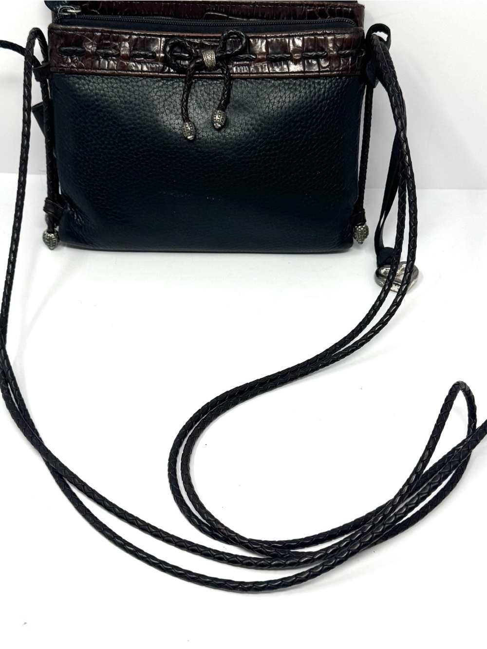 Vintage Brighton Black Brown Leather Crossbody Purse Silver Heart Charm - Picture 3 of 14